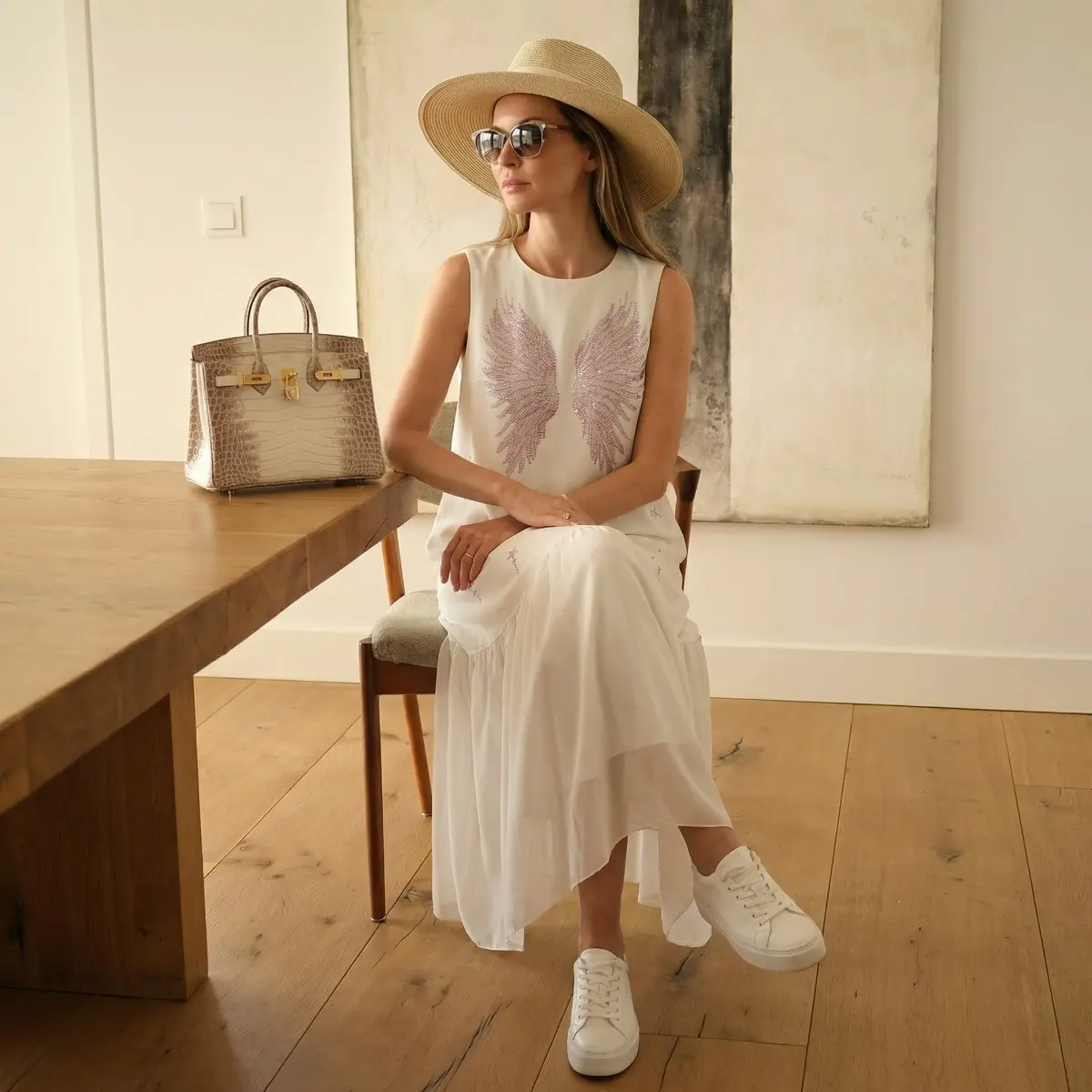 TCH gentle casual style rhinestone wing dress women's white sleeveless mesh patchwork long skirt