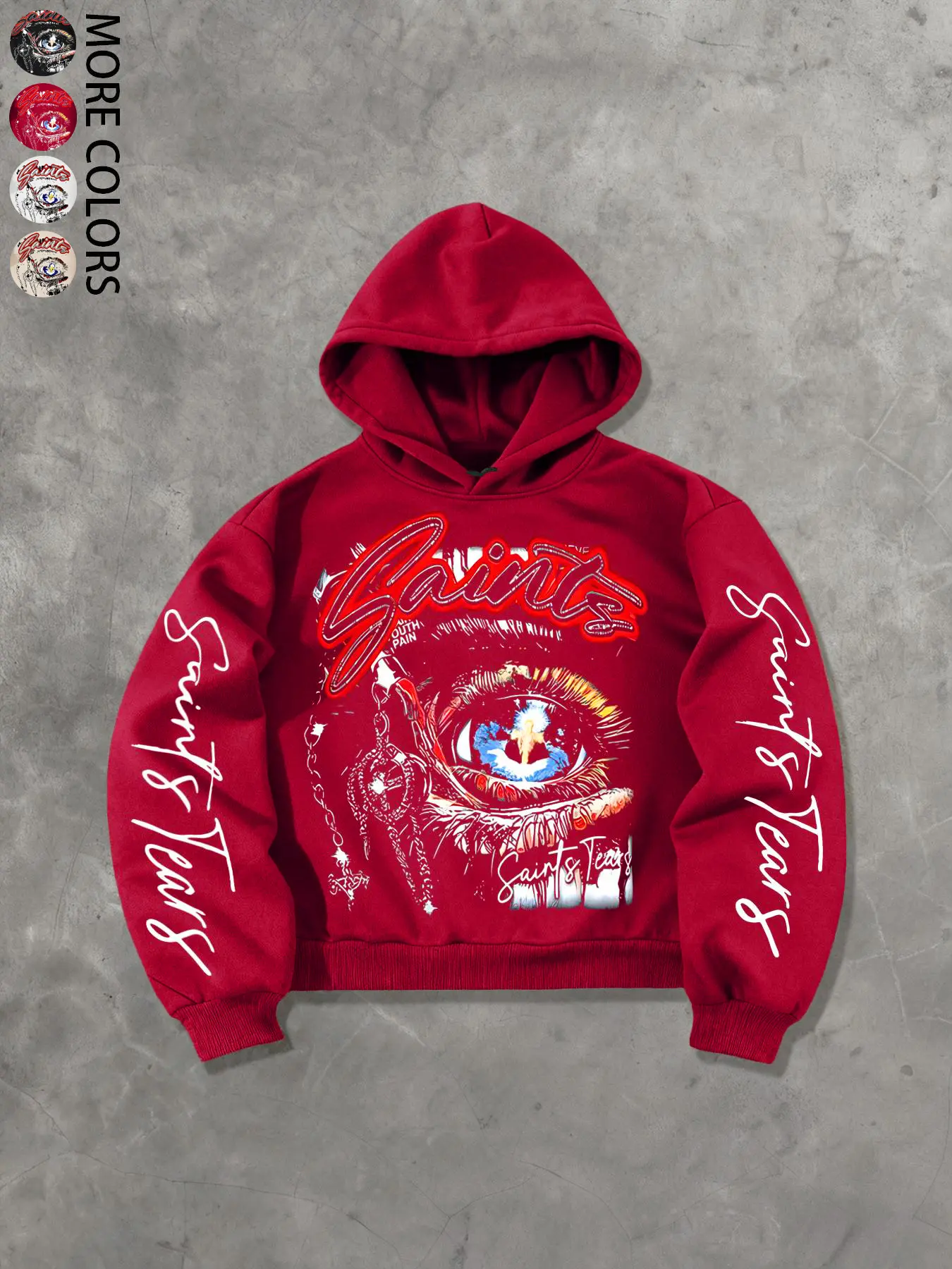 Unisex style, urban-inspired hooded sweatshirt, Graphic Print Hoodie, Graphic Hoodies, featuring the “Saints Tears” eye motif print, Dark, Y2K-inspired urban top for daily wear, sports, hip-hop, and performances in autumn winter
