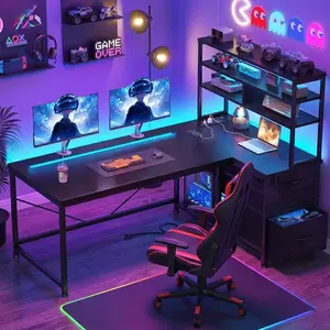 【L-Shaped Office Desk】Reversible L-Shaped 55'' Gaming Desk with 3 Drawer,Computer desk with LED Lights & 2AC Power Outlets & 2 USB Ports,Home Office Desks with PC Stand & Storage Shelves, Commercial Office Desk, Durable & Sturdy Study Desk, Black