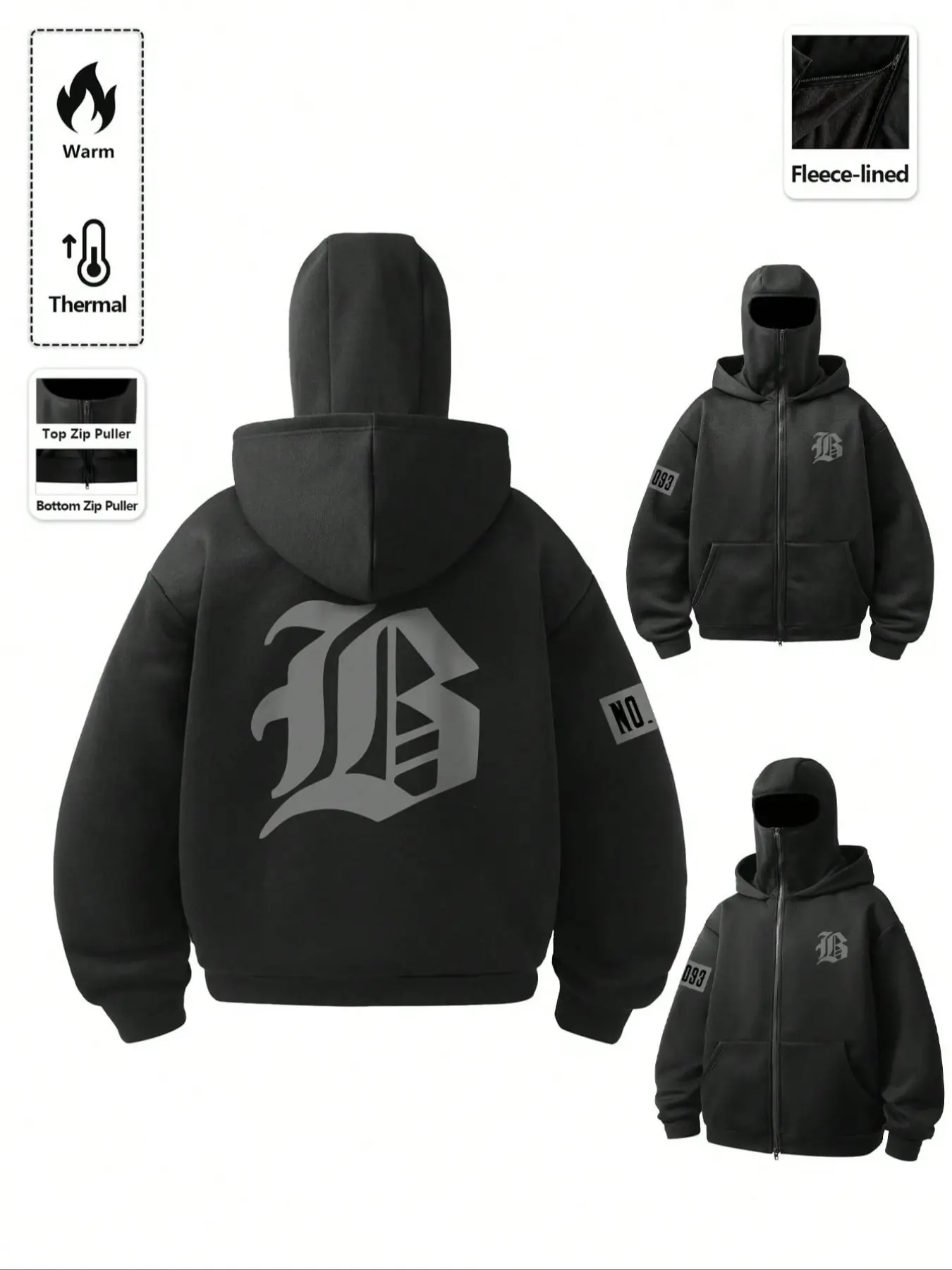 Thermal Fleece-Lined Balaclava Full Zip Up Hoodie for Men - Casual Hooded Jacket - Techwear Shiesty Mask Sweatshirt with Double Zippers - Heavyweight Gothic Letter Graphic Jacket for Winter Outdoor & Motorcycling - Gothic Printed Hoodie