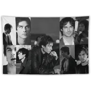 Damon Salvatore Celebrity and Decorations Ian Stuff American Pink Flags Wall Funny Tapestry Hanging Somerhalder Merch for Dorm Bedroom Decorative Aesthetic Tapestries Peach skin suede