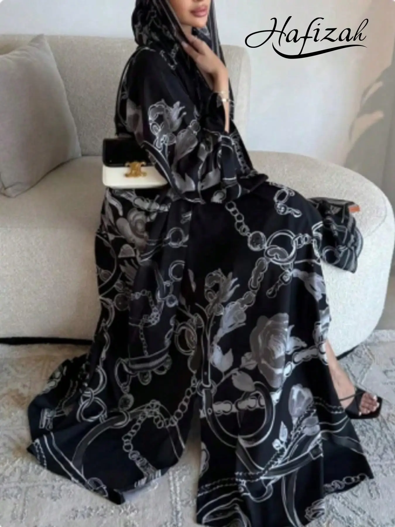 Hafizah Floral Print Loose Fit Modest Islamic Abaya Hijab Set Outerwear, Elegant Long Cardigan with Headscarf, Middle Eastern Luxury Women's Clothing, Modest Muslim Outfits, Modesty Wear, Islamic Modesty Clothes