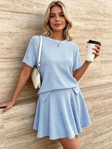 Women's Casual 2 Piece Set Summer Seamless Knit Short Sleeve Top and Pleated Mini Skirt Matching Outfit Athletic Leisure Wear Set for Active Daily Life