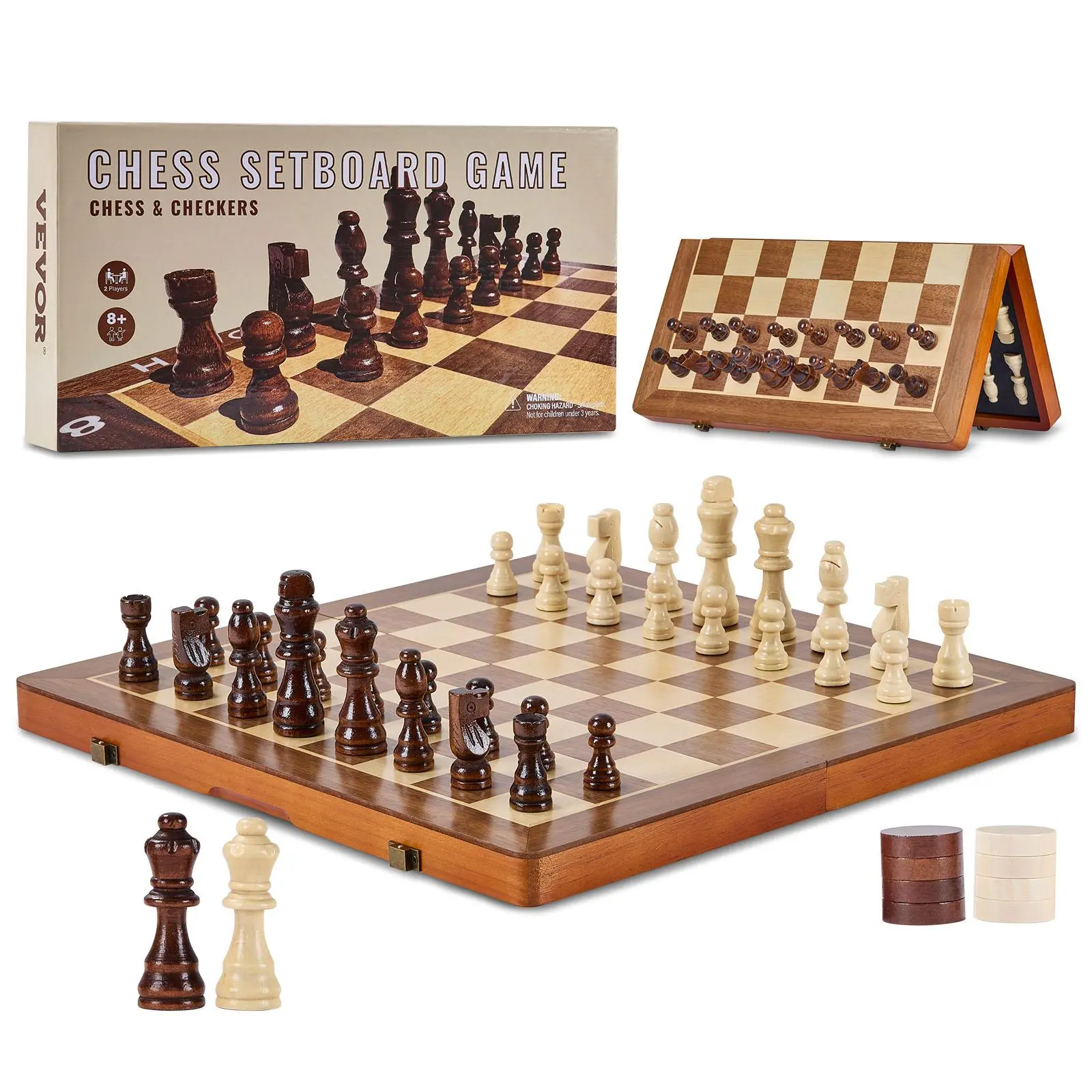 VEVOR Magnetic Wooden Chess Set, TikTokShopBlackFriday, 15 inch 2-IN-1 Chess Checkers Game Set, Folding Chess Board Games for Adults , 2 Queens Portable Travel Gift Chess Set for Tournament Professional Beginner