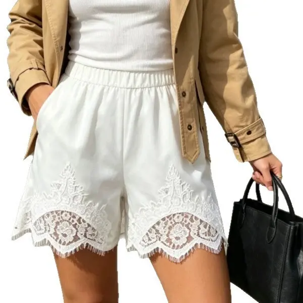 Women's Satin Shorts with Elastic Waist, Lace Trim, Mini Length, Petticoat Style, Silk Boxer Shorts