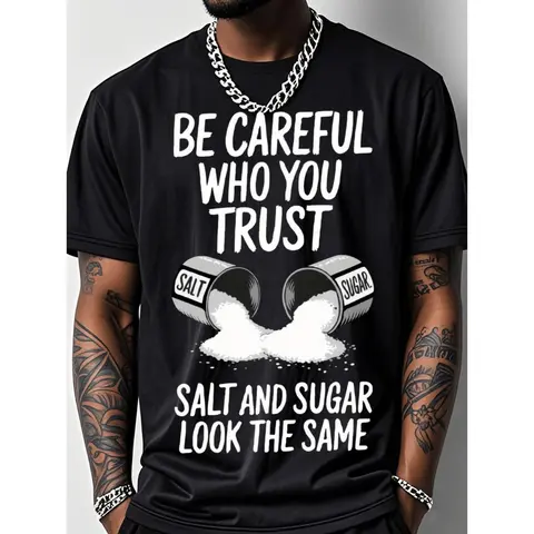 Men's Breathable Outdoor Fitness T Shirt with Salt Graphic Print and Trustworthy Message Featuring Short Sleeves Crew Neck and Stretch Cotton Material