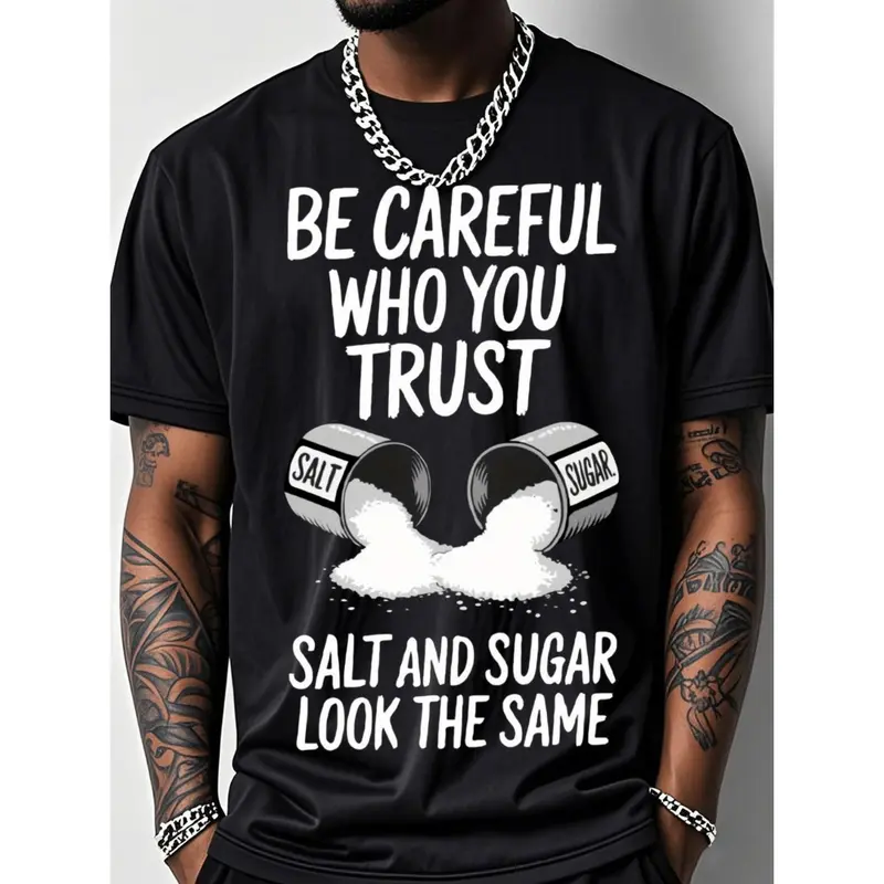 Men's Breathable Outdoor Fitness T Shirt with Salt Graphic Print and Trustworthy Message Featuring Short Sleeves Crew Neck and Stretch Cotton Material