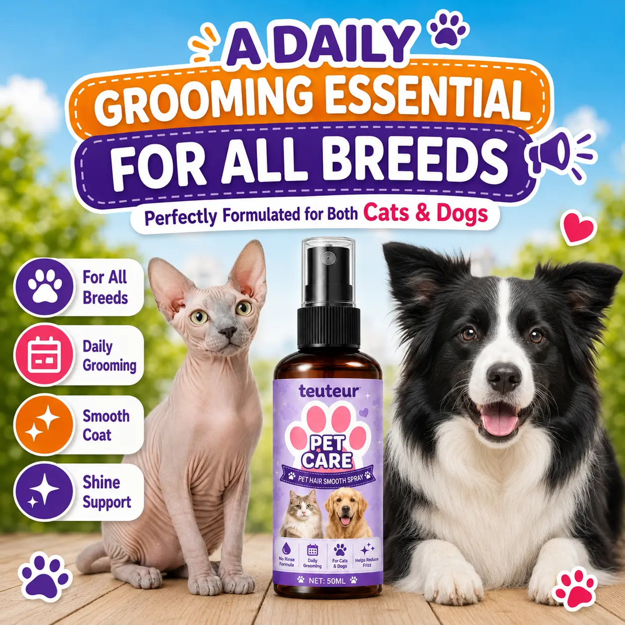 Pet Detangler Spray for Dogs and Cats, Leave In Coat Conditioner for Long Hair and Curly Fur, Anti Static Grooming Spray for Knots and Tangles, Easy Brushing, Smooth Soft Fluffy Finish, Daily Pet Hair Care for Puppies Kittens, 50mL Pet Hair Care