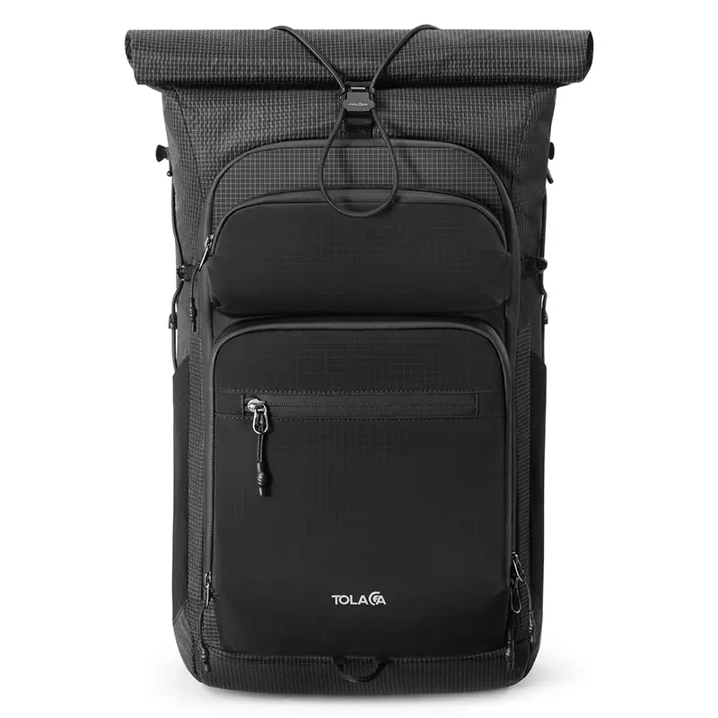 Tolaccea Rolltop Travel Backpack 32L, 15.6" Laptop Carry on for Work Travel 32-40L Expandable, TSA Approved 180° Opening, Waterproof Zippers, Dual Tech Storage, Water-Resistant Nylon, Luggage Strap