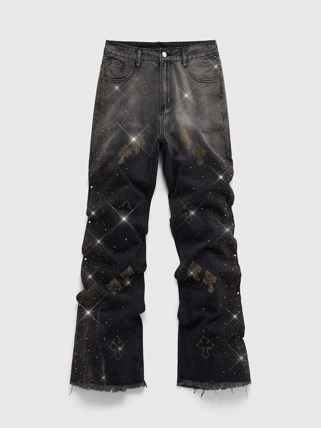American High Street Cross Rhinestone Micro-Rise Denim Jeans, Washed Loose Wide Leg Oversized Ankle-Length Pants, Streetwear Y2K Gothic Vintage Style, Baggy Rhinestone Jeans
