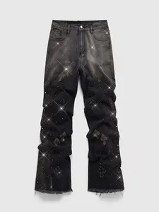 American High Street Cross Rhinestone Micro-Rise Denim Jeans, Washed Loose Wide Leg Ankle-Length Pants, Streetwear Y2K Gothic Style