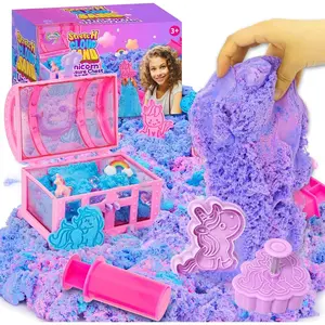 Unicorn Stretchy Cloud Sand,Blue & Pink Play Sand,Treasure Chest with Sensory Sand,Stretchable,Moldable,Expandable Cloud Slime,Tactile Fun Sensory Kit, Sensory Toys for Kids Ages 3+