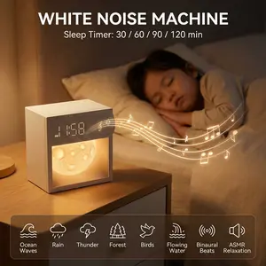 3D Moon Night Light Sound Machine Alarm Clock, 3-in-1 Night Light,20 White Noise Sounds, Dual Alarm, Snooze, Dimmable Warm Light for Heavy Sleepers