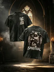 Faith Over Fear Spiritual Warrior Angel Vintage Acid Wash Oversized T-Shirt Front Cross Logo Back Gun Angel Statue Graphic Distressed Black Unisex Cotton Crewneck Christian Street Tee Great Gift For Faith Believers Edgy Casual Outfit，good graphic tees