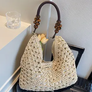 New Fashionable Handmade Woven Bag Versatile Paper Rope Crochet Straw Beach Shoulder Bag for Vacations and Summer Outings