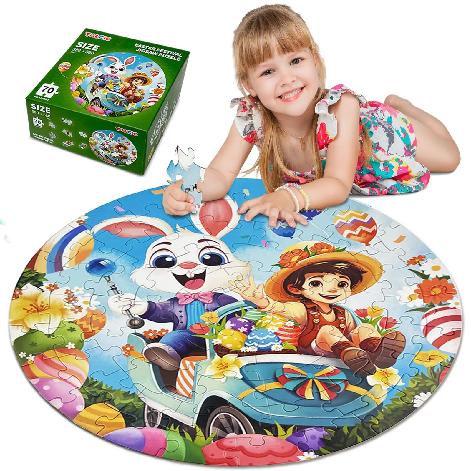 70-Piece Large Round Toy Jigsaw Puzzle for Kids 4-6 Years, Bunny-Egg-Flower Design, 19.68×19.68 Inches Educational Screen Time Alternative Gift for Boys & Girls