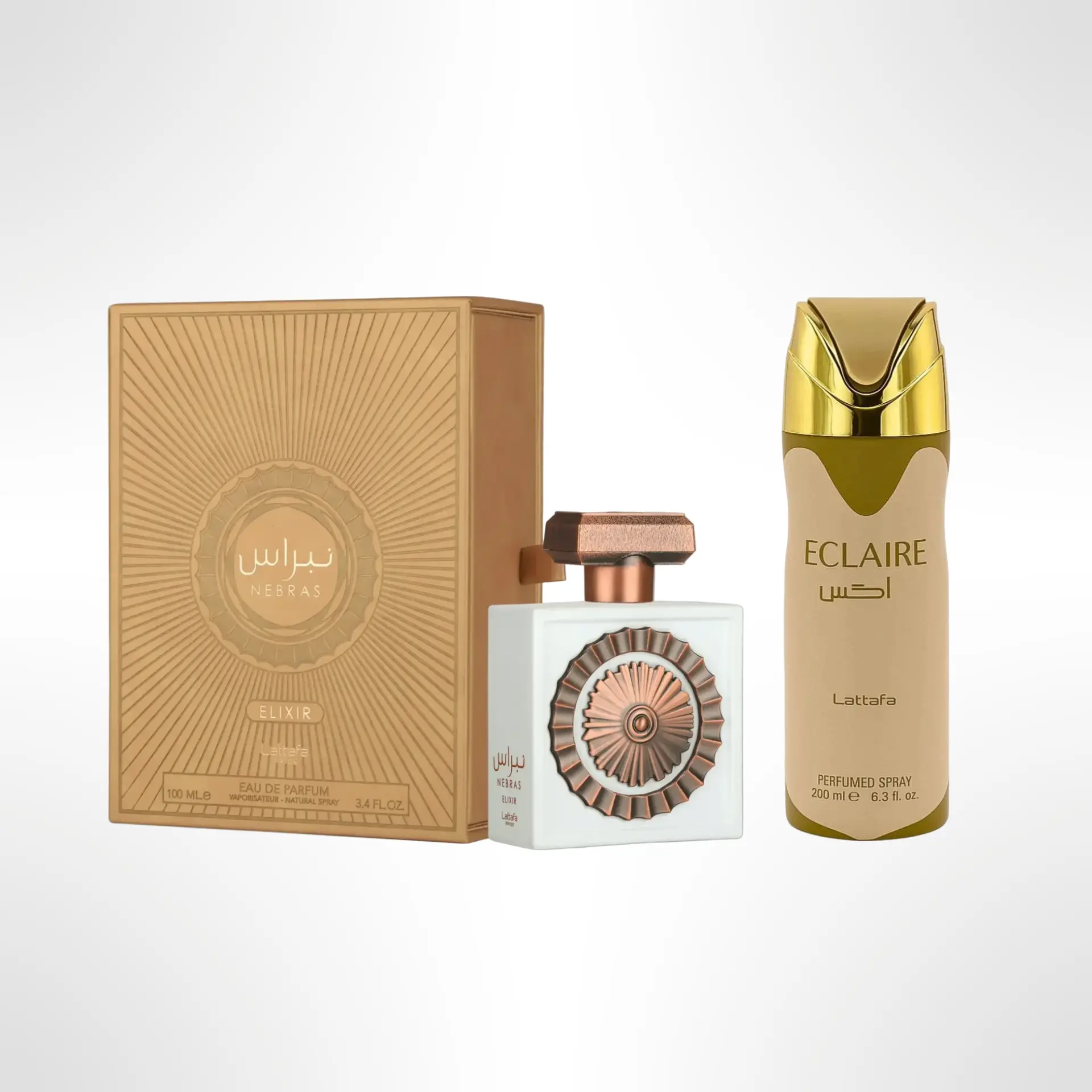 Lattafa Nebras Elixir Eau de Parfum + Eclaire Deodorant Spray – 2PCS Fragrance & Body Spray Bundle
