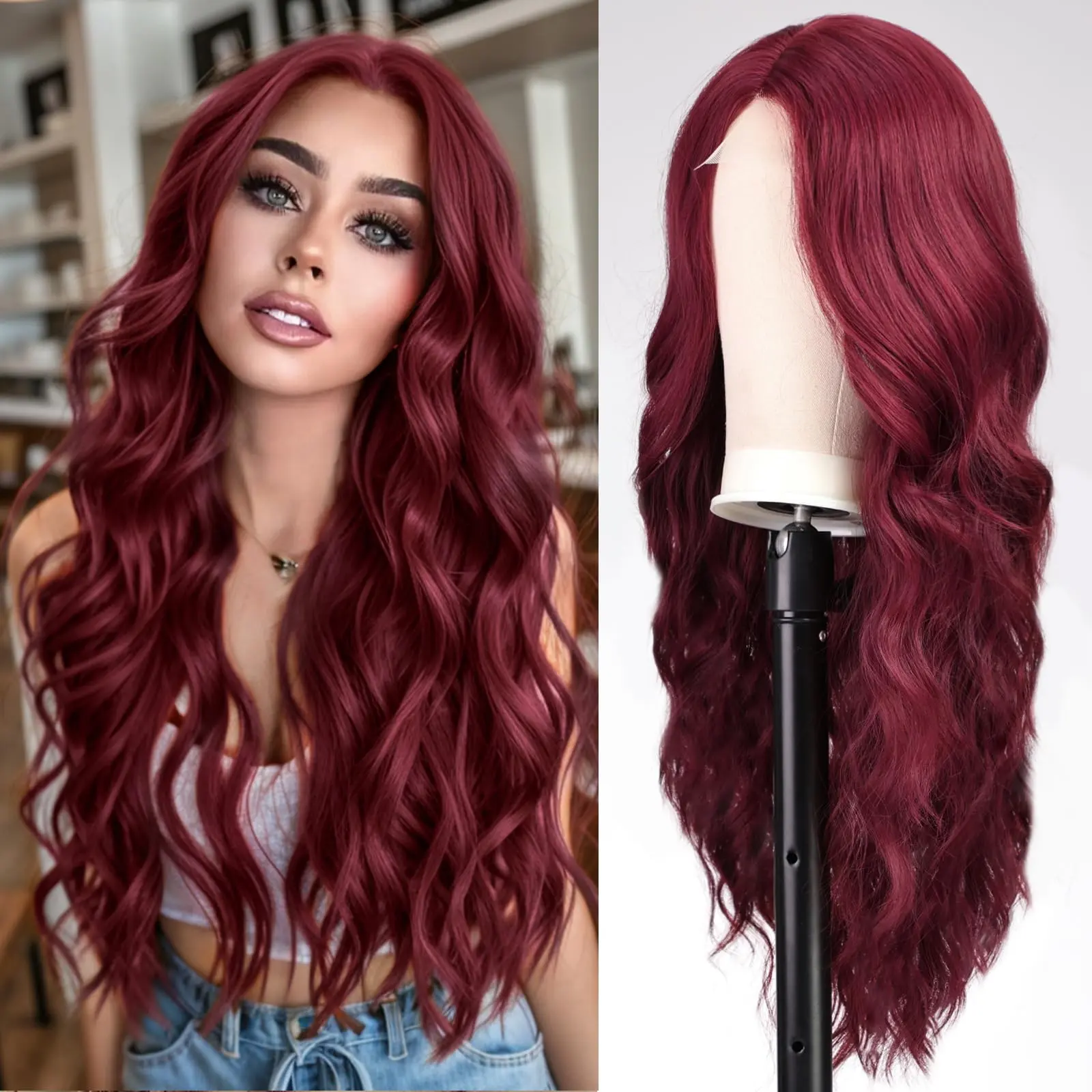 26 Inch Long Wine Red Wavy Lace Front Wig for Women, 5x1 Middle Part Curly Synthetic Wig,Burgundy Natural Looking Heat Resistant Wigs for Daily Party Cosplay