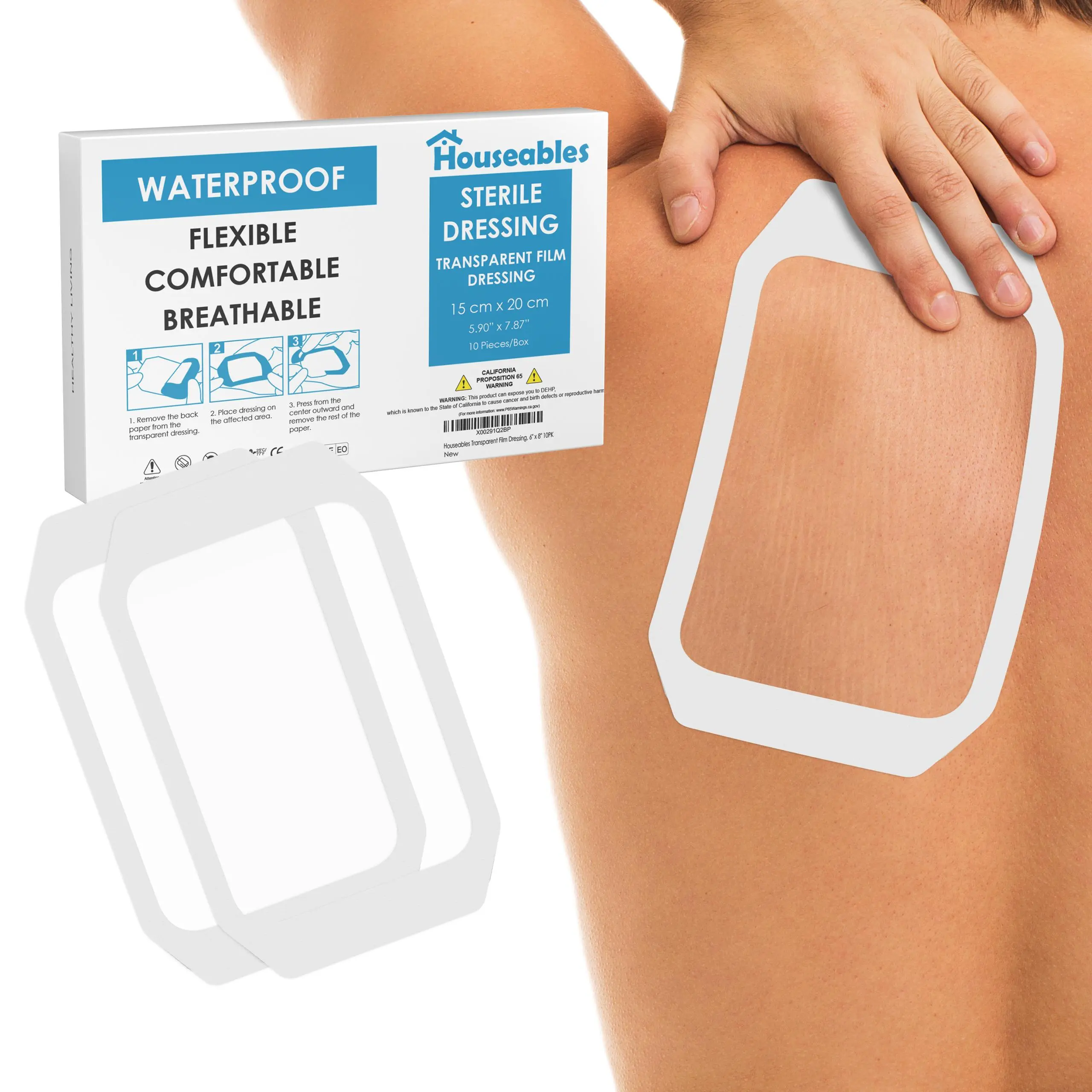 Houseables Transparent Film Dressing, Wound Cover Bandages, Clear, Post Surgical Skin Patch, Sterile Protection, Breathable Pressure Seal, Waterproof Guard, Shower Shield