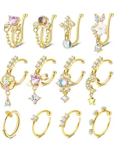 12Pcs Fake Nose Ring Hoop Stainless Steel Clip On Dangle Nose Ring for Women Men Non Piercing Adjustable Faux Nose Rings Set Maximalist Jewelry