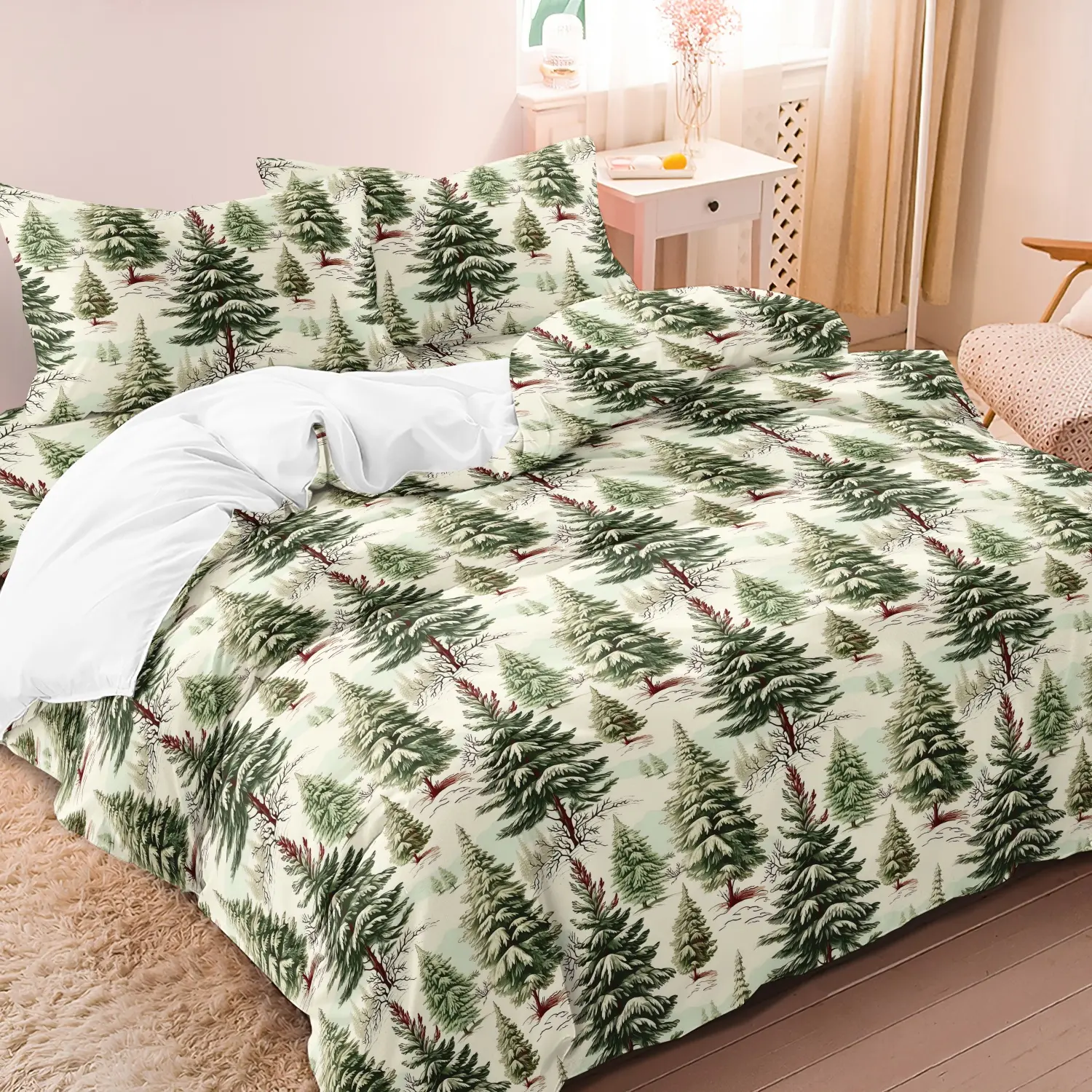 3pcs Christmas Tree Bedding Set - Winter Holiday Decorative Duvet Cover Festive Green Pine Tree & Star Pattern, All-Season Comfort, Zipper Closure, Machine Washable For Master Bedroom, Guest Room, Home Decor （With 1duvet Cover 2 Pillowcases）