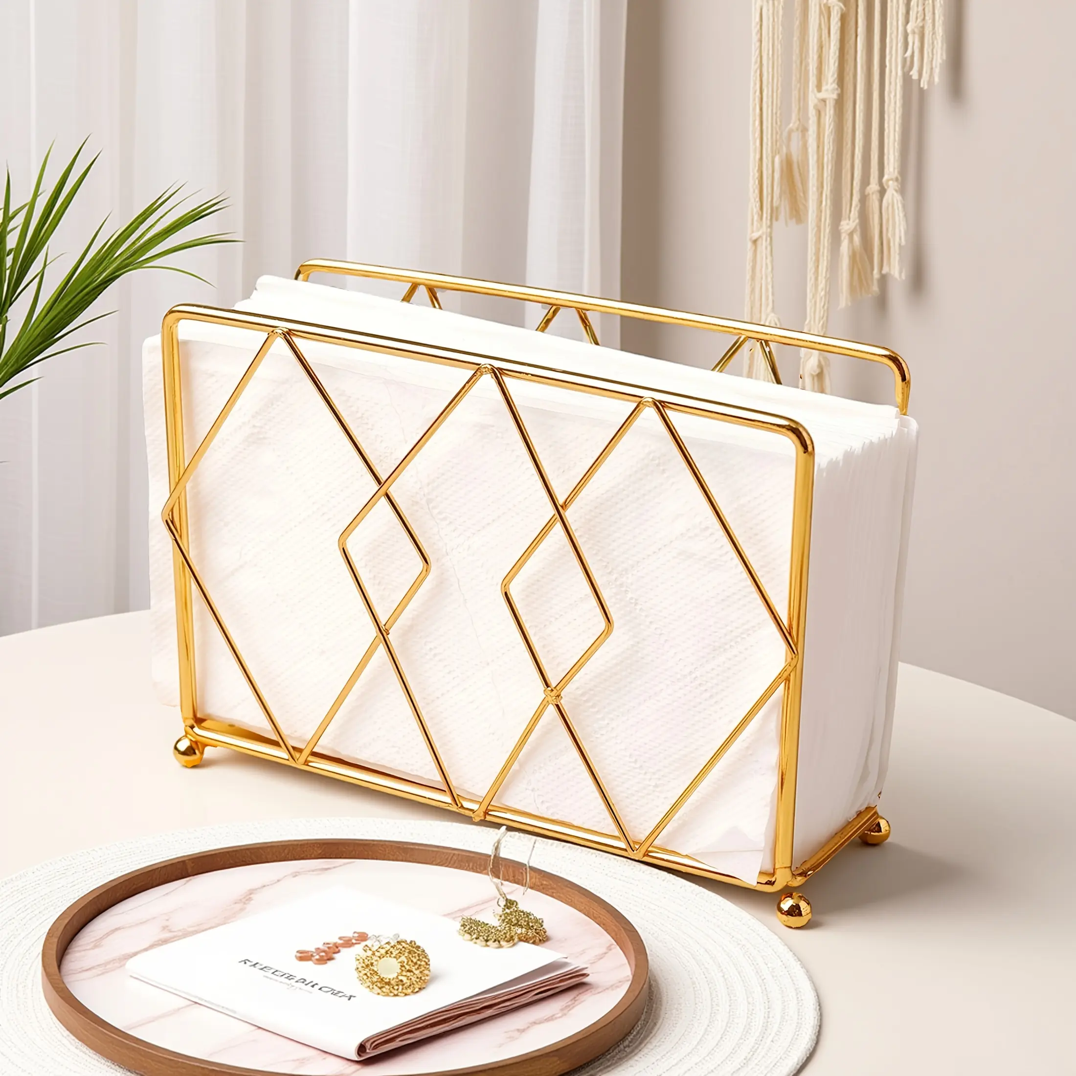 Golden Iron Rectangular Napkin Holder - Thick Metal Punch-Free Hotel Quality Small Holder & Dispenser, Modern Minimalist Elegant Finish, Easy to Place Restaurant Touch Desk Tissue Ready Home Organizer