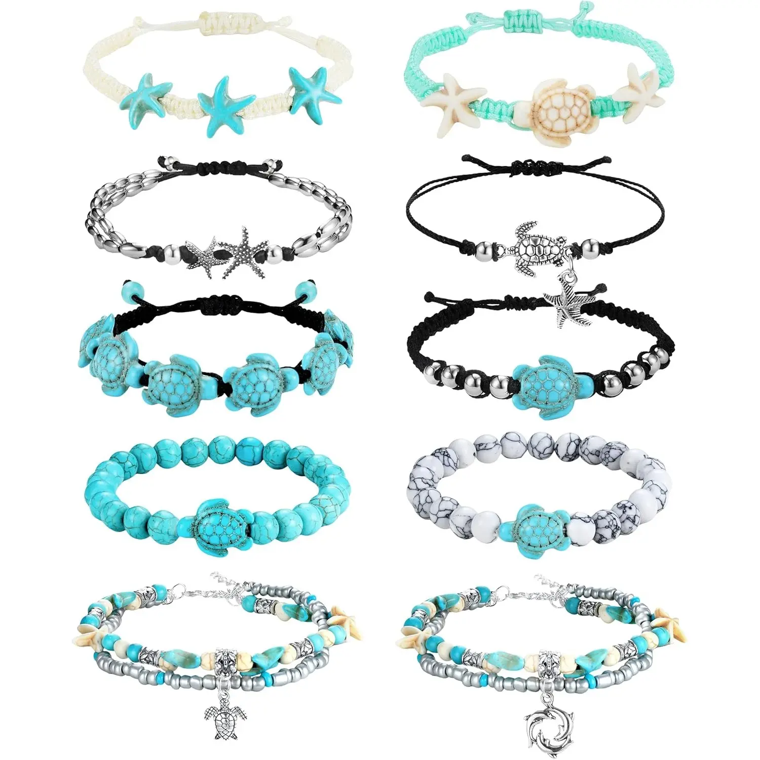 MILACOLATO Women's 10-Piece Waterproof Handmade Anklets, Adjustable Boho Starfish Sea Turtle Beachy Set, Bahamas Souvenirs for Summer, Anklets For Women, Beachy Anklets