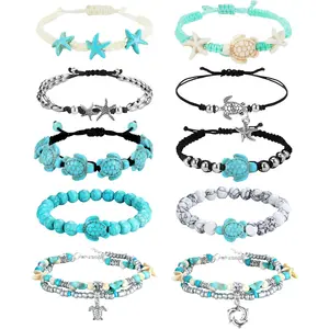 MILACOLATO 10-Piece Waterproof Handmade Anklets for Women, Adjustable Boho Starfish Sea Turtle Anklets, Matching Set for Summer Beach, Bahamas Souvenirs