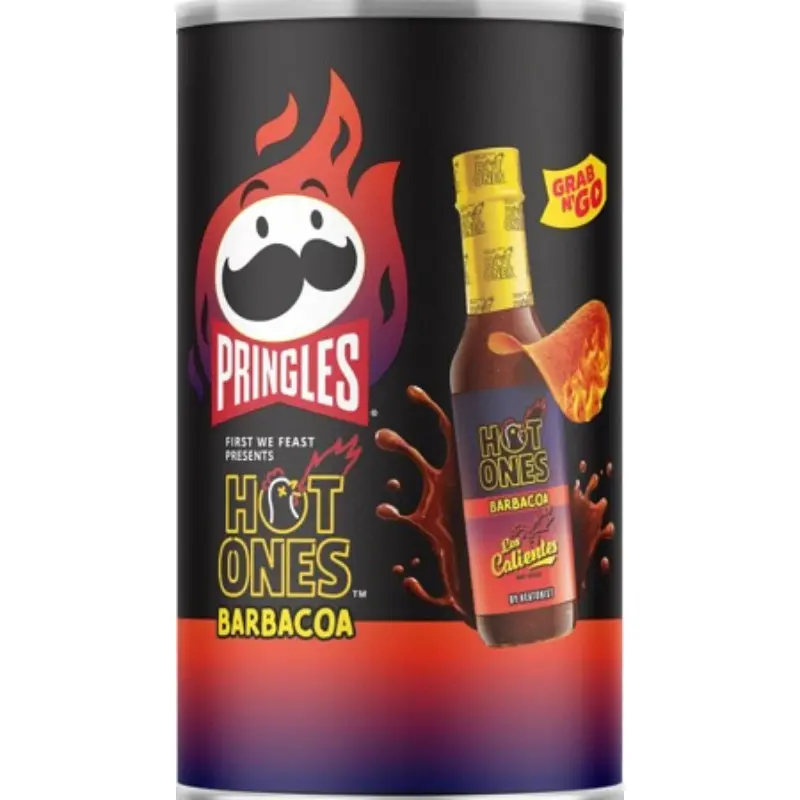Pringles Hot Ones Barbacoa 3-Pack Cholesterol-Free Potato Chips - 2.5oz Each, Spicy Chili Flavor, Salty Crunchy, Office/Lunch/Party Snacks, Cupboard Grab-and-Go Pantry Treats