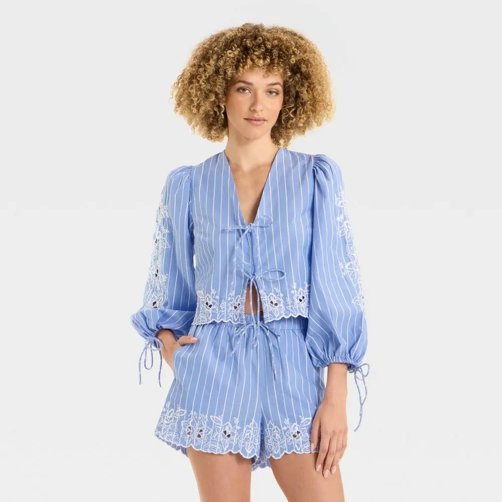 Women's Long Sleeve Eyelet Tie-Front Poplin Blouse - Basic Shirts Garment with Elegance & Flattering Fit, Future Collective