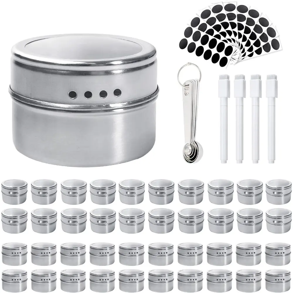 40 Pcs Magnetic Spice Tins with Clear Lids Stainless Steel Sift Spice Storage Containers Set with 4 Pens, 10 Sheets Labels, 5 Weighing Spoons,for Fridge Grill