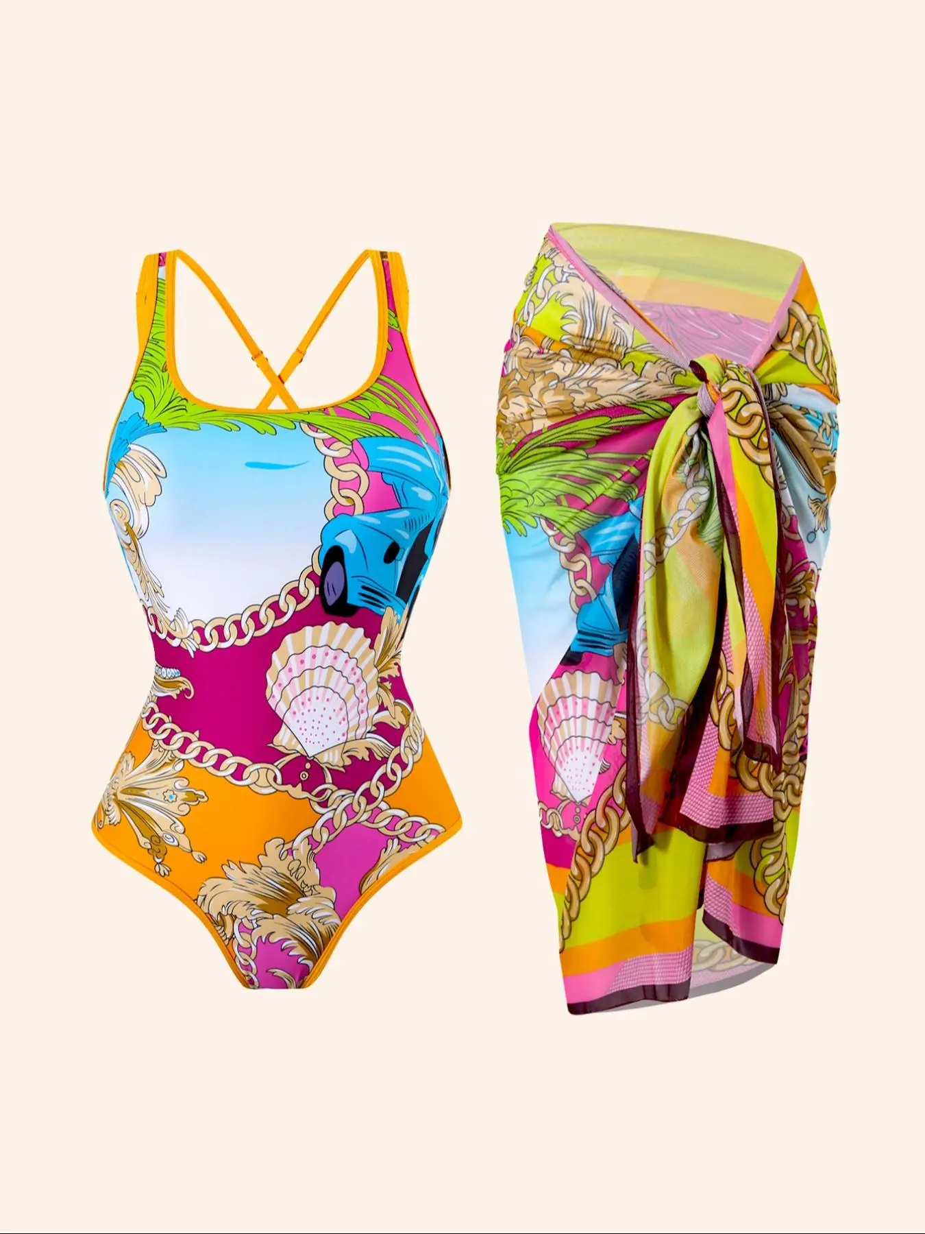 Women's All Over Print Criss Cross Swim Bodysuit & Knot Front Cover Up Skirt Set, Casual Fashion Adjustable Strap Swim Bodysuit & Cover Up Skirt Set, Ladies Summer Swimsuit