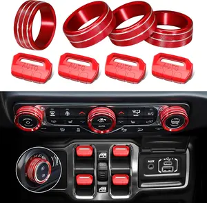 8 count Button Knob Cover for   JL JLU 2018-2024 2025 & Gladiator JT 2020-2024 2025 Accessories, JL Window  Button Cover Volume Radio Air Conditioner Headlight  Knob Cover (Red)