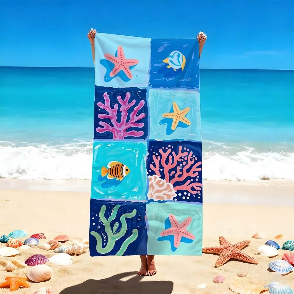 1 Pc "Ocean-Themed, Design Beach Towels with Starfish and Coral Patterns for Beach Days" Quick-drying, water-absorbent, lightweight, anti-sand-sticking, can be used as a travel towel, suitable for swimming pools, spas, leisure Absorbent Breathable Towel