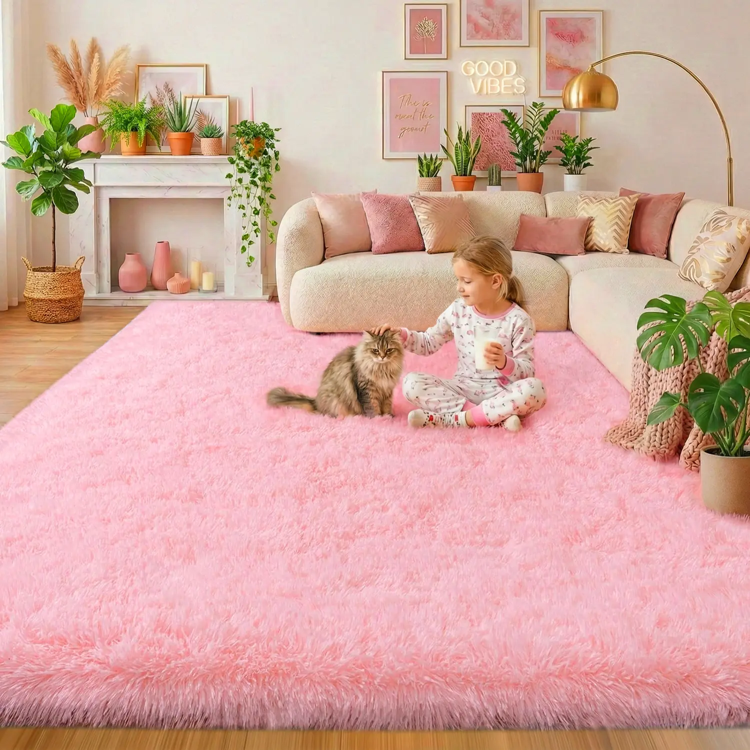 Living Room Rugs Bedroom Rugs, Ultra-Soft Plush Fluffy Shaggy Area Rug, Washable Non-Slip Soft Carpet with 4 Free Rug Grippers, for Kids Room Nursery Dorm Playroom Pet Friendly Modern Home Decor, Sizes 4x6 5x7 6x9 8x10 9x12, Pink Rug