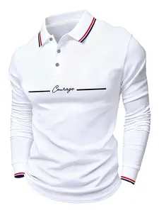 Men's Letter Print Polo Shirt, Top, Loose Long Sleeve Front Button Design, Casual Fitted Fit, Breathable Fabric, Ideal for Daily Wear & Sports, Menswear