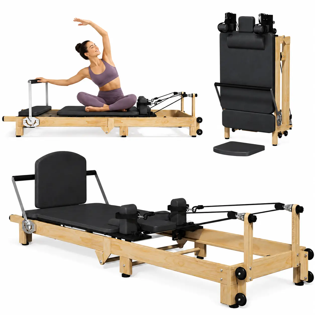 Bezliving 92" Foldable Pilates Reformer Machine, Wooden-Look Home Gym Equipment with Resistance Springs, Latex Resistance System, 90% Pre-Assembled Workout Bundle