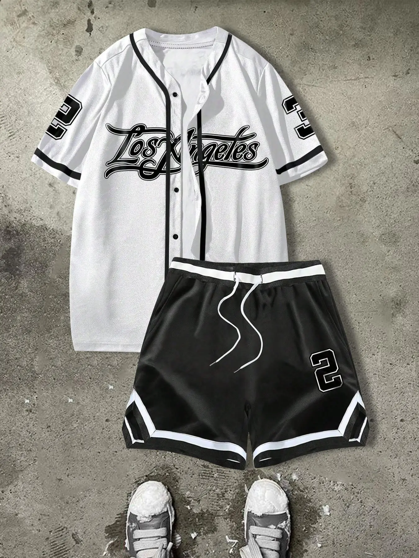 Two-Piece Set Men's Letter Print Baseball Jersey & Shorts, Regular Fit Casual Contrast Trim Short Sleeve Baseball Top & Shorts, Summer Clothes Set for Men