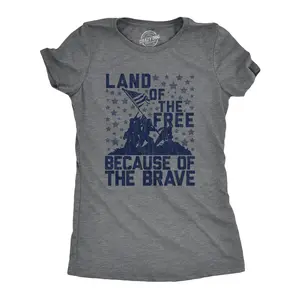 Womens Land of The Free Because of The Brave T Shirt Patriotic Memorial Day 4th Of July Tee Funny Womens T Shirts Cute Vintage Fashion Casual Ladies T-Shirt Gift Patriotic Tops for Women Women's Novelty Tees Dark Grey