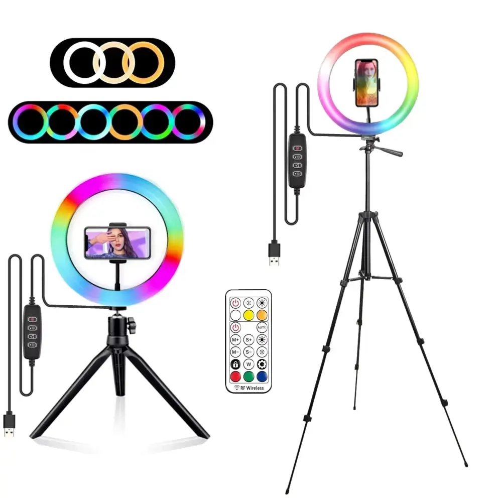 VeFly RGB Ring Light Lamp 10 Inch with Remote Control & Tripod Stand for Smartphone Mobile LED Video Light Ring Make YouTube Photographic Lighting Selfie Tripod Adjustable Clip Portable