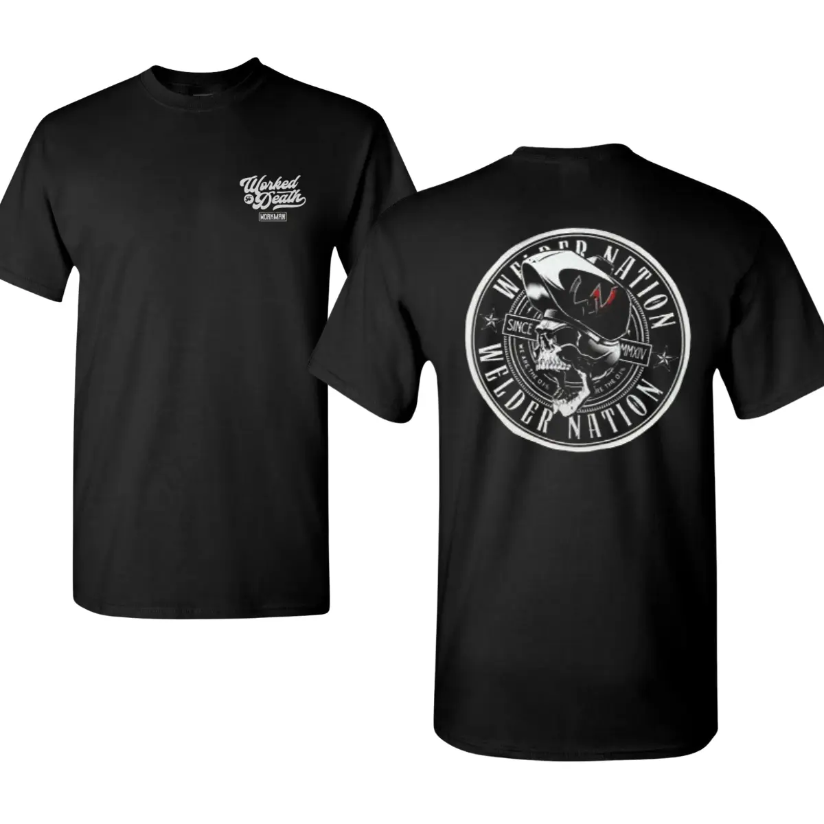 Welder Nation Shirt with Skull Welding Helmet Badge Graphic, Worked to Death Front Print, 2 Sides Vintage Tee, Soft Cotton Blend Workwear for Rig Hands, Pipefitters and Proud American Welders