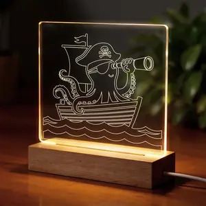 Pirate Octopus Night Light, Wooden Base Acrylic Lamp - Soft Glow for Bedroom, Cute Animal Night Light Gift for Kids, Adults, Sleep Friendly Decor