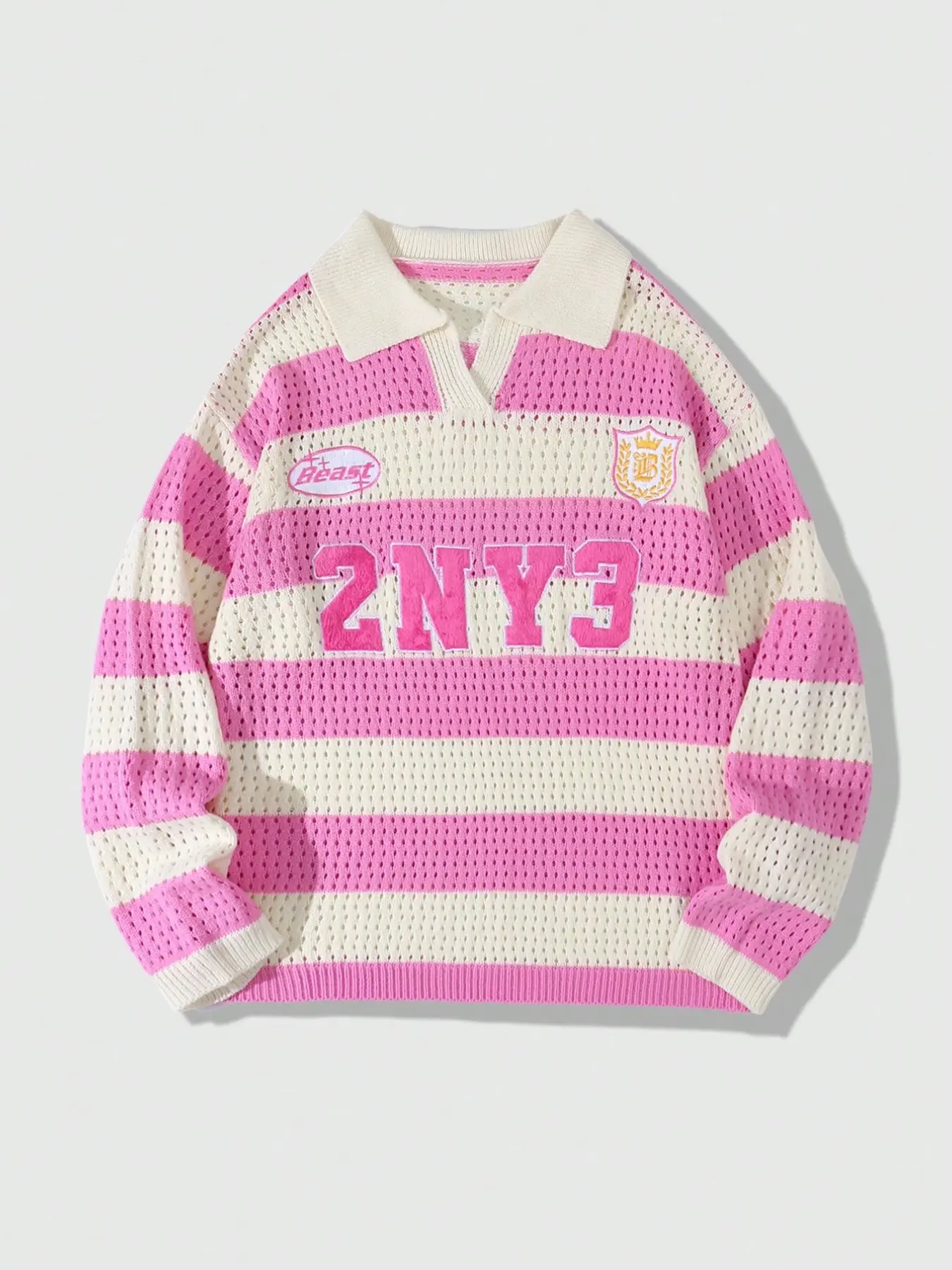 Men's Y2K Fashion Stripe Collared Casual Knit Sweater, Striped Print Knit, Letter Striped Knitwear, Long Sleeve Drop Shoulder Design, Loose Fit Daily Wear, Perfect for Streetwear & Outdoor Activities, Knitwear Menswear, Aesthetic Casual Knitwear