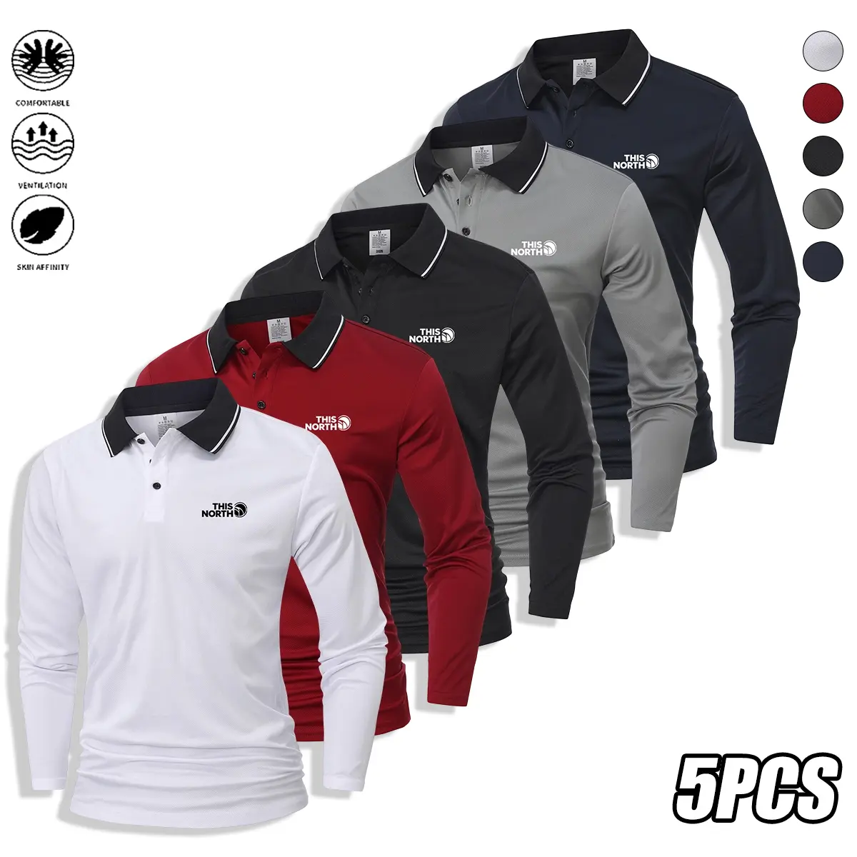 Men’s long-sleeve polo shirt, breathable and quick-drying, business casual turn-down collar shirt, suitable for office commuting, golf, and business casual wear; men’s long sleeves, menswear.