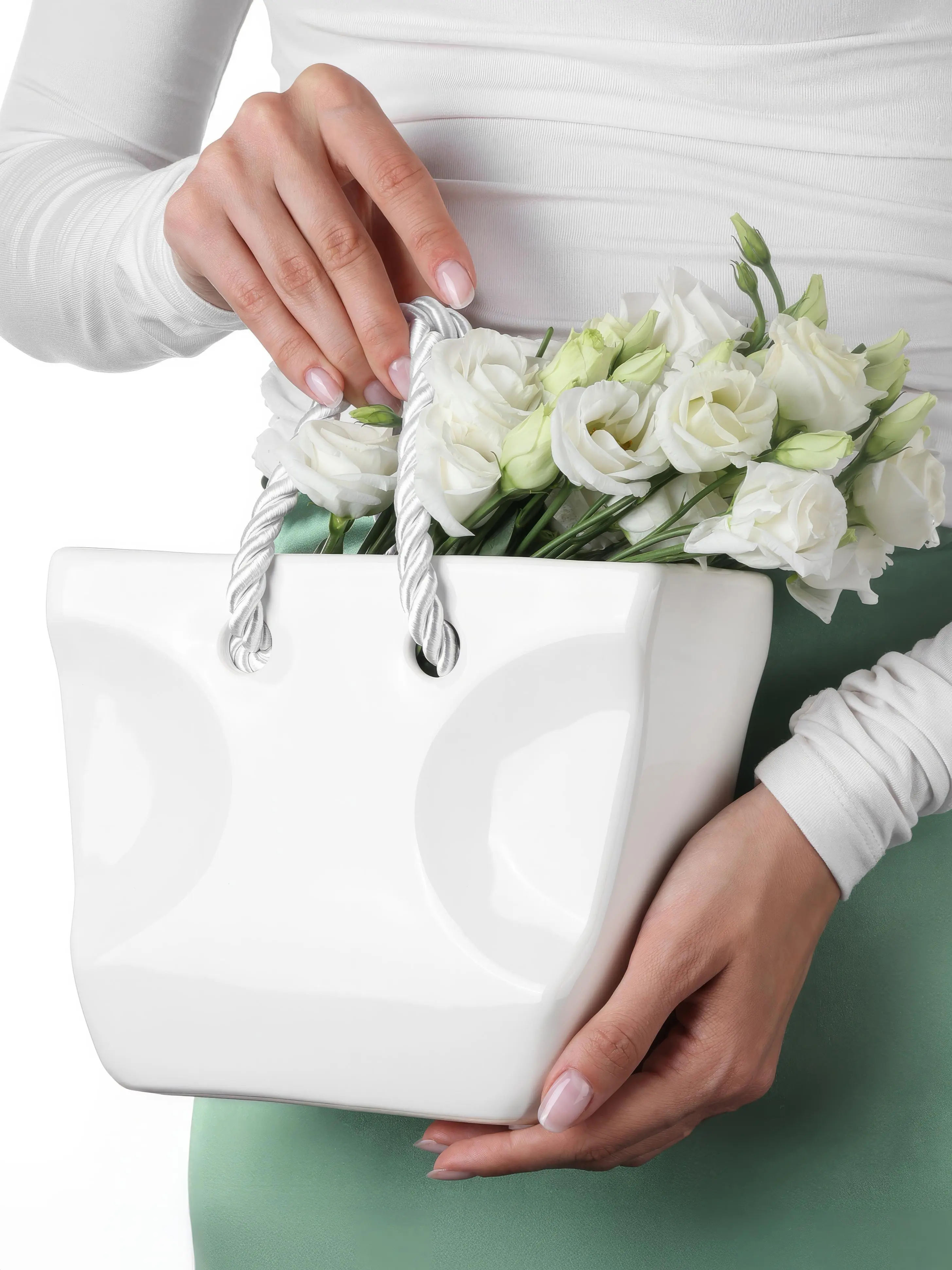 White Ceramic Purse Vase for Flowers – Bag Glazed Vases for Home Decor - Pottery Vase for Flowers - Handbag Flower Vase - Handmade Vase Clay - Gift Wife Bouquet - Vases for Centerpiece Table Home Indoor Desk Decor Dinning Table Living Room - Glam Decor