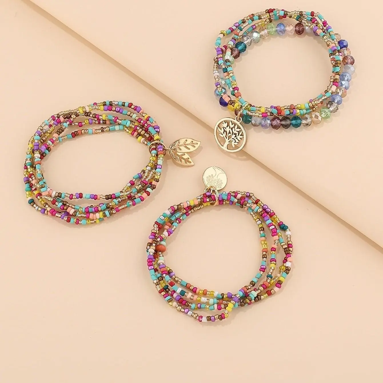 Colorful Boho Beaded Bracelets Stack for Women - 3-Layer Handmade Seed Bead Bracelet with Nature Leaf Charm - Summer Vacation Crystal Jewelry Accessories - Stretch Fit ,Tropical Beach Must-Haves