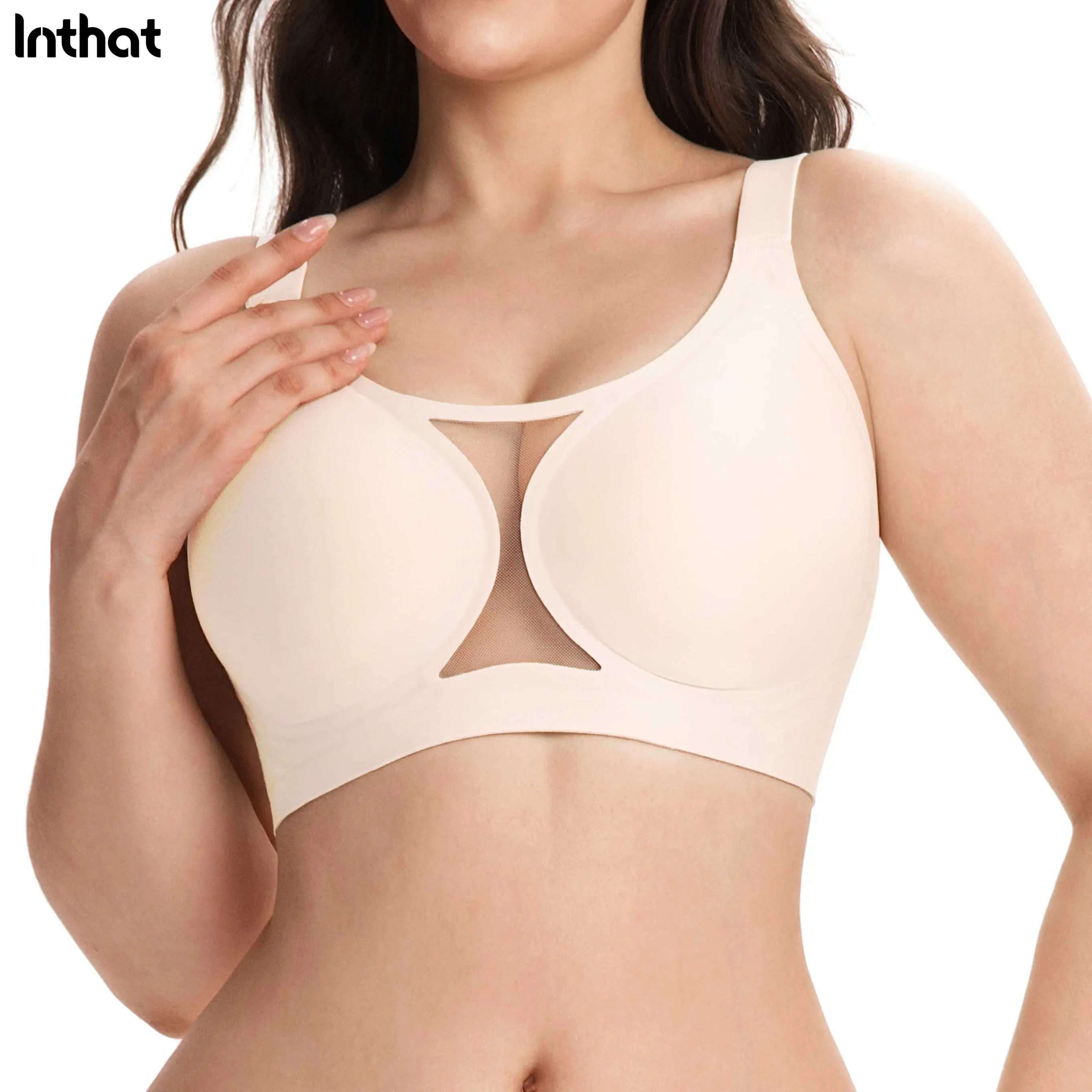 Inthat Women's Essential Wireless Comfort Bra, Full Coverage Padded Seamless T-Shirt Lingerie, Soft Everyday Support, Fit Casual Style Nude【Runs Small — Consider Sizing Up】
