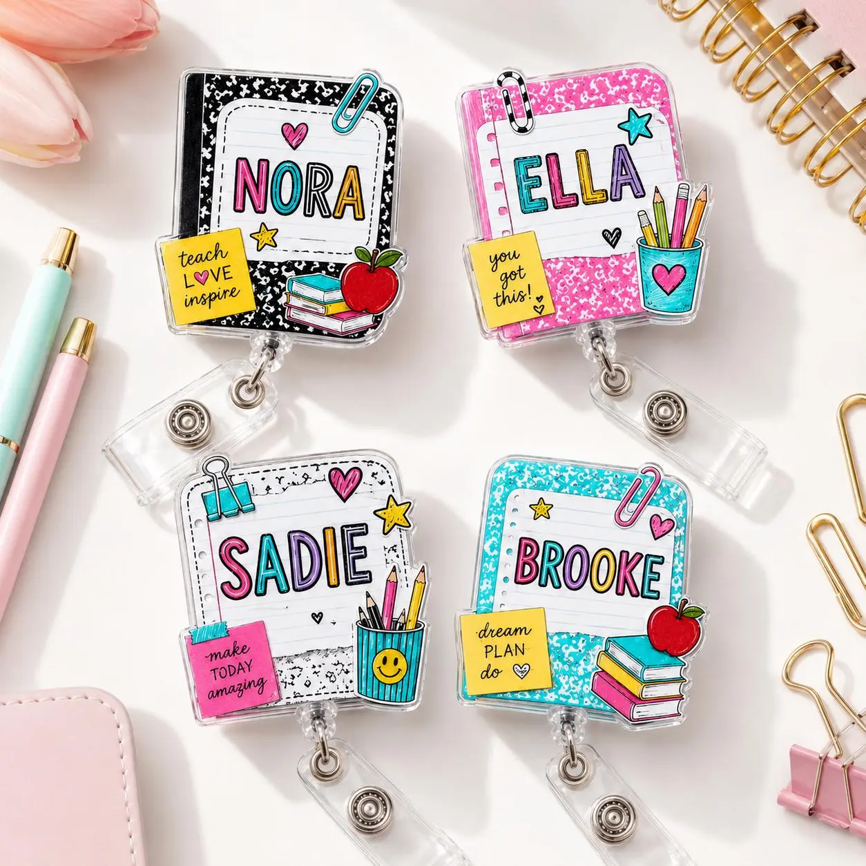 Personalized Notebook Acrylic Badge Reel – Custom Teacher Name Retractable ID Badge Holder, Cute Classroom Badge Clip, Back to School Gift