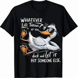 Funny Cool Duck Graphic T-Shirt for Men & Women – “Duck and Let It Hit Someone Else” Vintage Humor Tee, Sunglasses Duck Cartoon Print, 100% Cotton Soft Breathable Streetwear Casual Graphic Shirt
