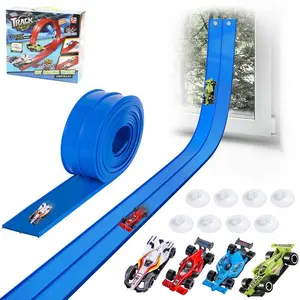 1 Box Kids Flexible Race Track Set, Bendable Tracks, Double-Sided Track Fits 1:64 Die-Cast Car Models, Includes 4 Random-Color Cars & Suction Cups, Roll-Up Portable Design, Blue DIY Dual Tracks, Ideal Birthday Gift & Toy for Kids Aged 3+, Imaginative Play